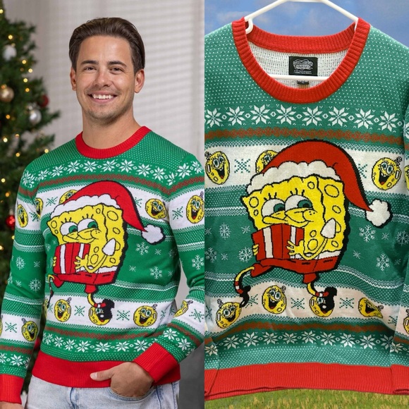 SpongeBob Squarepants Green and Red Crewneck Sweater XL - Picture 1 of 9